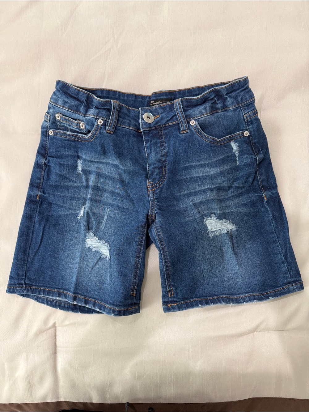 Distressed Denim Shorts - Blue